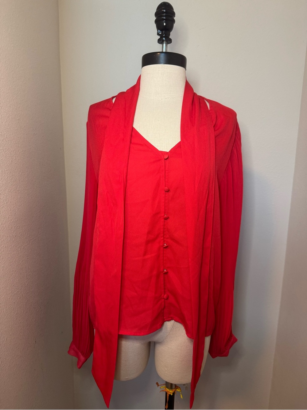 Zara Red Button-Front Blouse with Long Neck Tie NWT